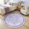 RELEANY Area Rugs Round 4ft Washable Non-Slip, Floral Vintage Distress Medallion Carpet for Living Room Bedroom Dining Room, Light Purple Brown