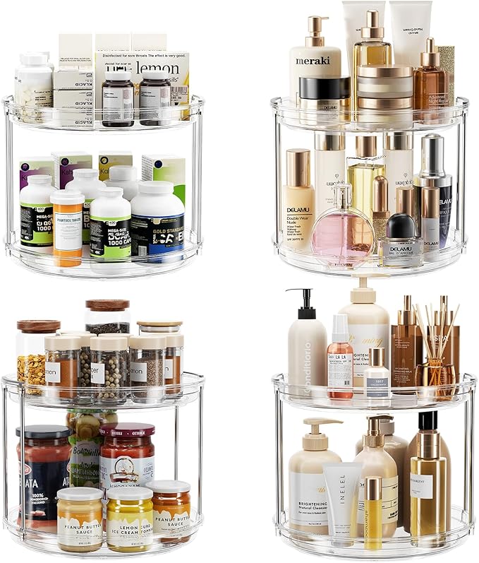 LAMU 4 Pack 2 Tier Lazy Susan Turntable Organizer 9.25'' Rotating Spice Rack Organization for Cabinet, Kitchen, Pantry, Countertop, Bathroom, Vanity, Medicine Cabinet Organizer, Clear