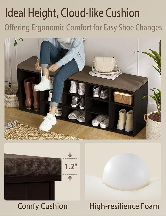 DINZI LVJ Shoe Storage Bench with Cushion, 13-Cubby Shoe Rack, Adjustable Shelves, Multifunctional Shoe Organizer Bench for Entryway, Mudroom, Hallway, Living Room, Bedroom and Garage, Espresso