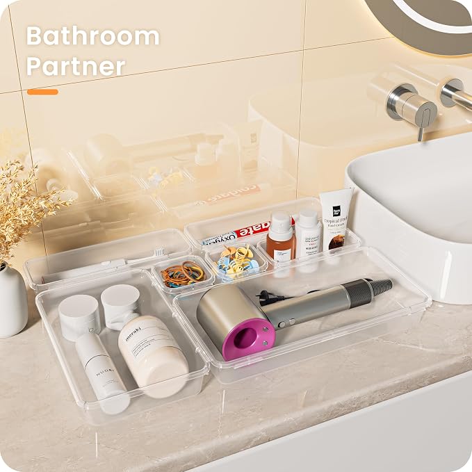 A-LuGei 【Military Grade】 Drawer Organizer, 【𝟱𝗦𝗶𝘇𝗲】 Makeup organizer, 【Holds 177 Items】 Bathroom Organizers and Storage, Organization and Storage, Desk Drawer Organizer for Vanity (Clear)