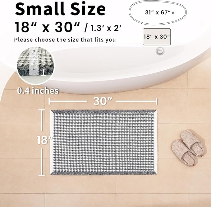 Waffle Bath Mat - Boho Bathroom Rugs Non Slip Washable, Super Absorbent & Quick Dry, Small Bath Mats Farmhouse Bathroom Decor, 18'' x 30'', Dark Grey and White