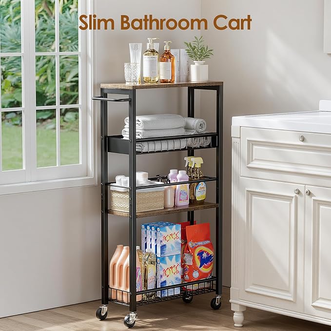 Slim Storage Rolling Cart, 4 Tier Narrow Cart with Wheels, Metal Kitchen Rolling Cart for Small Spaces, Slide Out Storage Shelves for Kitchen, Laundry Room, Bathroom, Living Room, 7.1in(W)