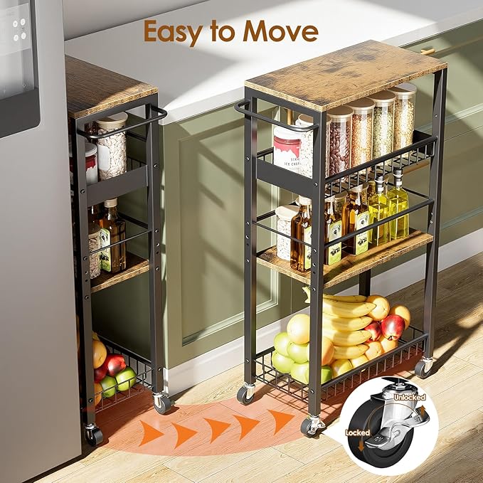 Slim Storage Rolling Cart, 4 Tier Narrow Cart with Wheels, Metal Kitchen Rolling Cart for Small Spaces, Slide Out Storage Shelves for Kitchen, Laundry Room, Bathroom, Living Room, 9.1in(W)
