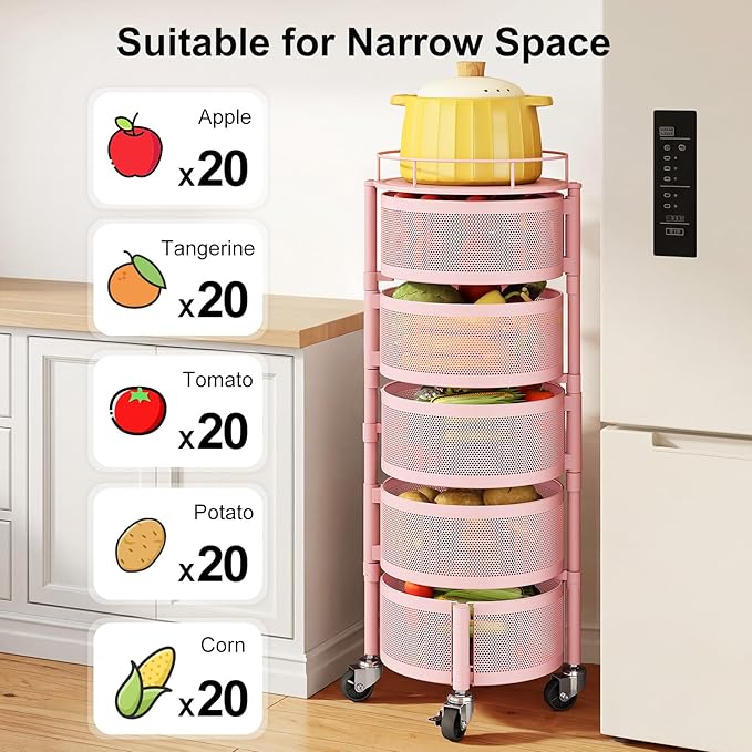 SAYZH Fruit Vegetable Basket for Kitchen, Rotating Storage Rack, 5 Tier Rolling Cart with top lid, Large Metal Wire Wheels, Pink