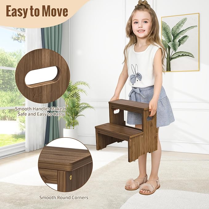 Two Step Stool for Adults and Kids, 450lbs Heavy Duty Step Stool, Bamboo Step Stool for High Beds, Portable Helper Step Stairs for Kids, for Kitchen, Bathroom, RV, Bedside Step Stool, Walnut