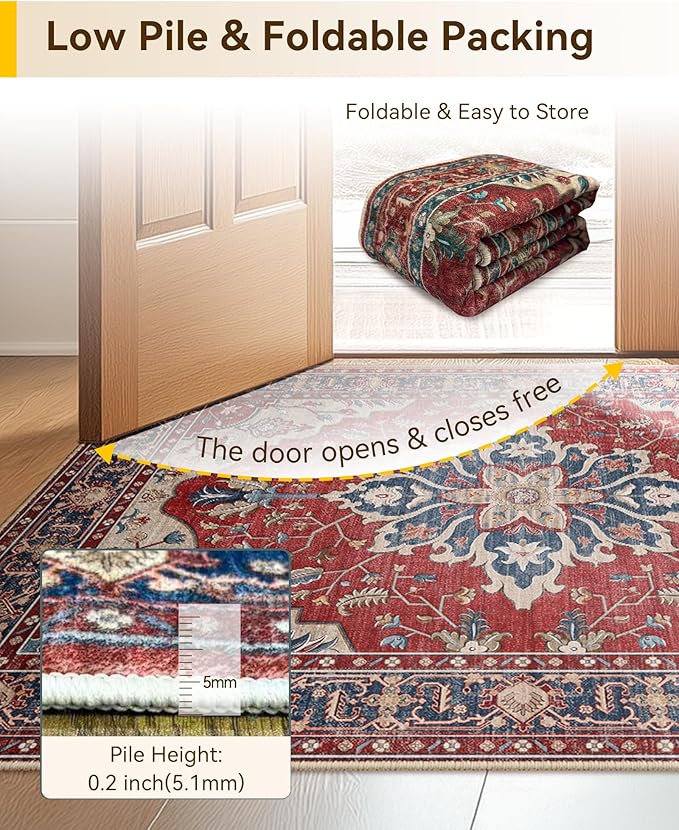 RELEANY Area Rugs Small 2'6"x4' Washable Non-Slip, Floral Vintage Distress Medallion Carpet for Kitchen Entryway Bathroom, Red Blue