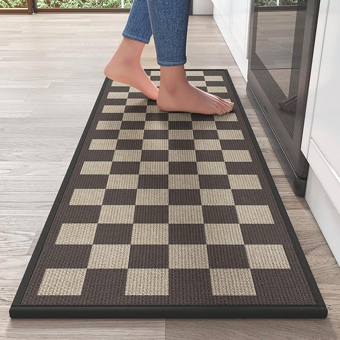 YDKGL Kitchen Rugs Non Slip Washable Kitchen Mats for Floor, Super Absorbent Oil and Water Linen-Look Woven Runner Rug, Kitchen Sink Mat Standing Mat, Brown 17"x47"