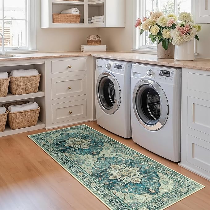 RELEANY Area Rugs Runner 2'x5' Washable Non-Slip, Floral Vintage Distress Medallion Carpet for Kitchen Hallway Bedroom Beside Laundry Room Bathroom, Dark Blue Vintage