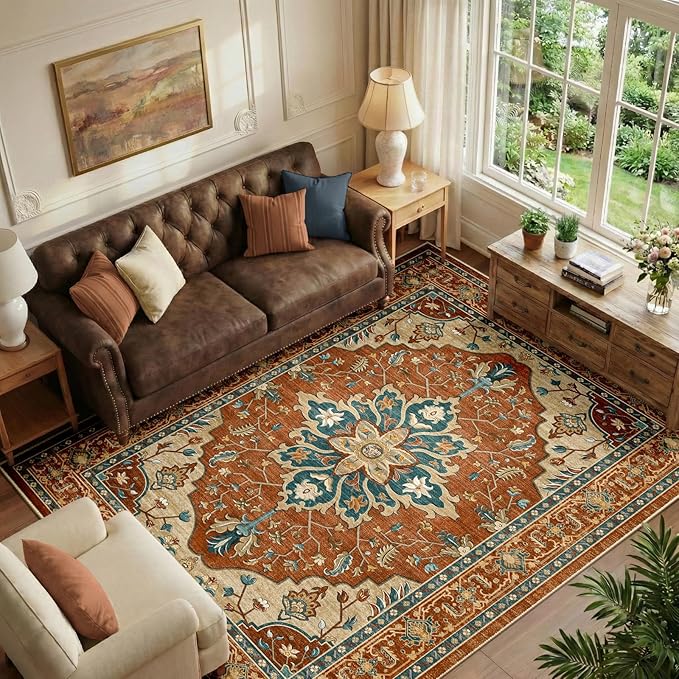 RELEANY Area Rugs 6'x9' Washable Non-Slip, Floral Vintage Distress Medallion Carpet for Living Room Bedroom Dining Room, Red Orange Blue Brown