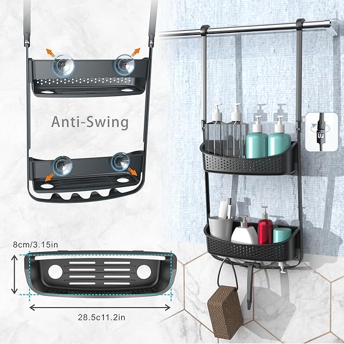 Shower Caddy Hanging, Anti-Swing Shower basket over showerhead with suction cups; Never rust Bathroom Organizer over the door, Multiple Hanging Modes Shelf with Hooks, Matte Grey
