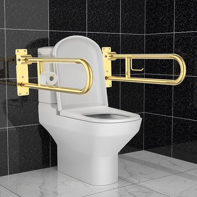 Toilet Grab Bar 32 Inch Gold, Munzong Anti-Slip Handicap Grab Bars with Paper Holder, Flip-Up Bathroom Safety Rails, Stainless Steel Knurled Support handrails for Seniors Elderly Disabled Pregnant