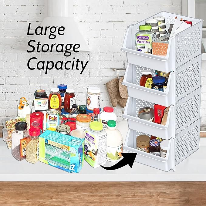 TidyFriend 4 Pack Stackable Storage Bins Open Front for Pantry Organizers and Storage, Pantry Storage for Food, Kitchen and Home Organization, Plastic Storage Bins, Dorm Room Essentials (White)