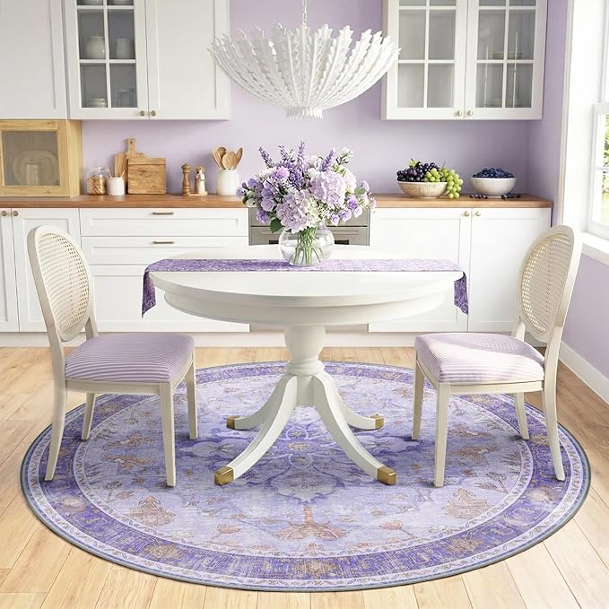 RELEANY Area Rugs Round 6ft Washable Non-Slip, Floral Vintage Distress Medallion Carpet for Living Room Bedroom Dining Room, Light Purple Brown