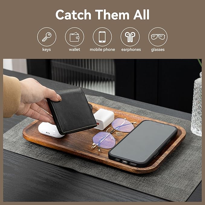 2PCS Serving Wood Valet Tray for Men Women, Catch All Acacia Mens Key Dump Bedside Nightstand Organizer EDC Decorative Wooden Tray for Phone Watch Wallet Keys