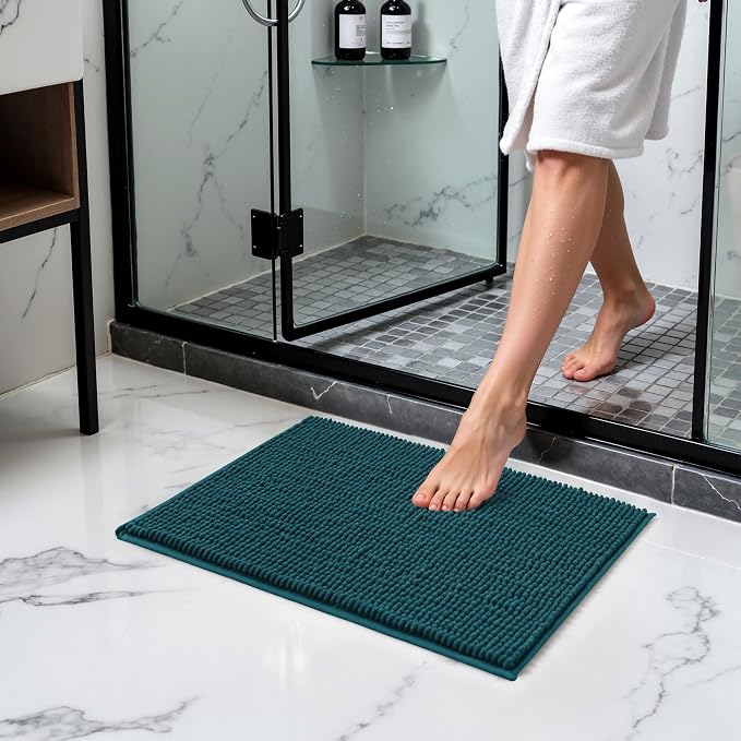SUBRTEX Bathroom Rugs Chenille Bath Rug, Soft Short Plush Bath Mat, Water Absorbent Shower Mat, Quick Dry Machine Washable(Teal, 18" x 24")