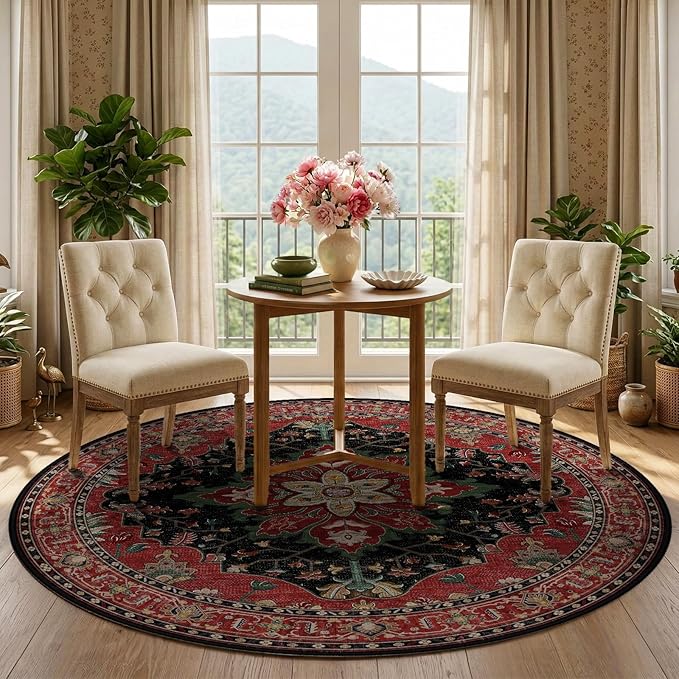 RELEANY Area Rugs Round 5ft Washable Non-Slip, Floral Vintage Distress Medallion Carpet for Living Room Bedroom Dining Room, Red Black