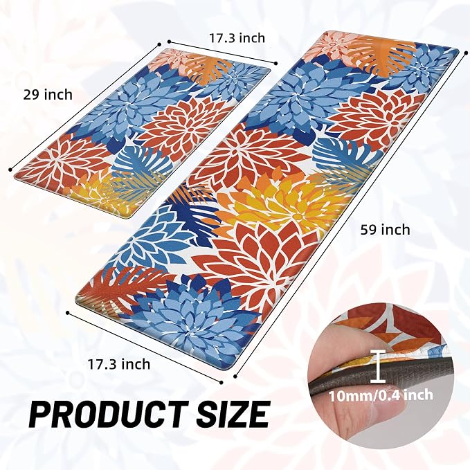 Arenarug Kitchen Mats for Floor 2PCS Cushioned Anti Fatigue Kitchen Mats Waterproof Non Slip Kitchen Mat Rug Set Comfort Foam Standing Mat for Sink, Laundry, Office,17.3" x 28" + 17.3" x 59", Red Blue