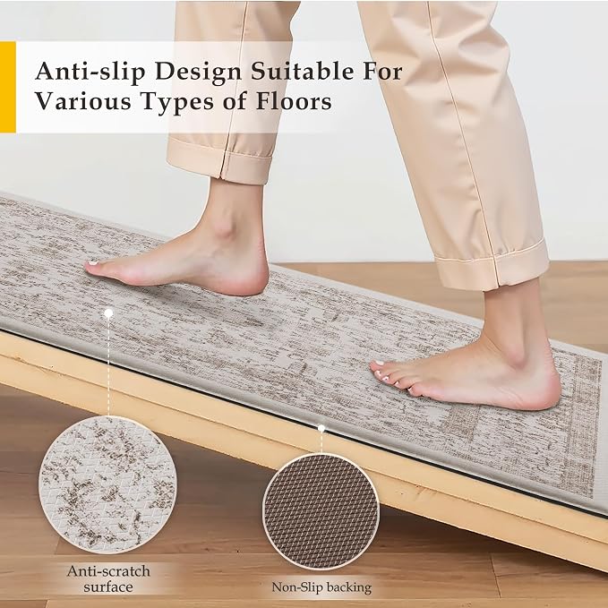PureCozy Kitchen Mats 2PCS Anti Fatigue Cushioned Mat Light Brown Vintage Kitchen Mats for Floor Waterproof Non Slip Comfort Standing Retro Floral Rug for Sink Laundry Office 17.3"x47"+17.3"x30"