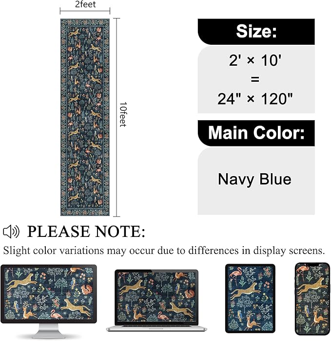 DUKINO 2x10 Rug for Hallway, Washable Kitchen Runner Rug with Non Slip Backing, Soft Low Pile Vintage Animal Runner for Bedroom, Kitchen, Hallway, Entryway, Laundry, Navy Blue