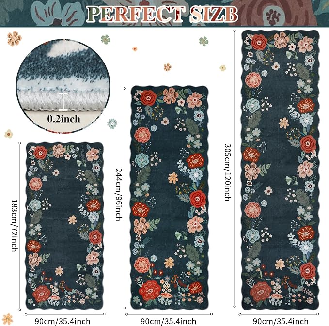 Bedroom Rug Runner, 3x10 Green Runners for Hallways Non Slip Rubber, Machine Washable Rugs Runner Floral Faux Wool for Kitchen, Living Room, Entryway, Bedroom, Bathroom, Dark Green