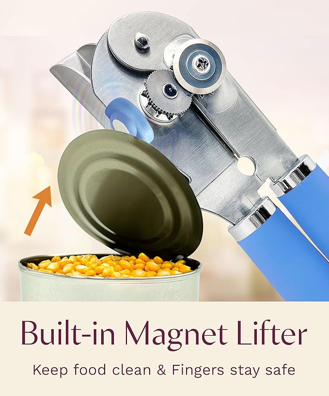 Premium Multifunctional Magnetic Manual Can Opener and Bottle Opener, Heavy Duty Stainless Steel Sharp Cutting Blade and Oversized Easy Turn Knob, Soft-Touch Handle, Kitchen Use, Blue