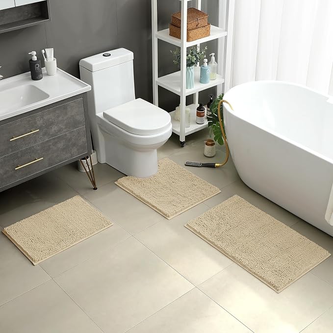 HOMEIDEAS 3 Pieces Bathroom Rugs, Ultra Soft Non Slip Absorbent Chenille Toilet Bath Mat Set (Beige)