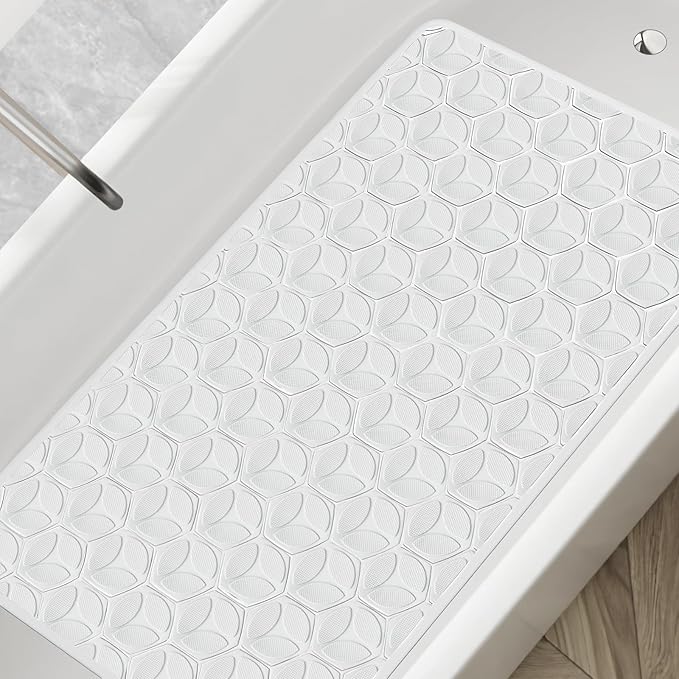 Bathtub Mat Non Slip with Suction Cups - 100% Rubber Bathroom Mat Textured for Bath Tub Shower Safety - Soft on Touch - BPA/PVC Free - Pet Dog Bath Mat - Machine Washable - 16 × 28 Inch（White）