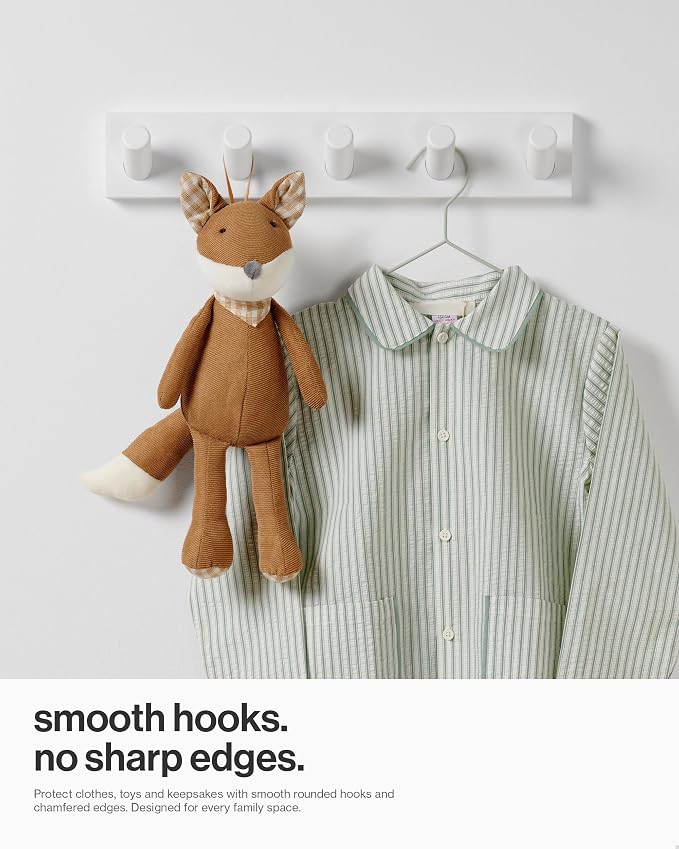 LARHN Wall Mounted Coat Rack, White with 5 Heavy-Duty 1" Diameter Hooks (2-Pack), 16.5" - Wall Hook Rack - Modern Scandinavian Home Decor