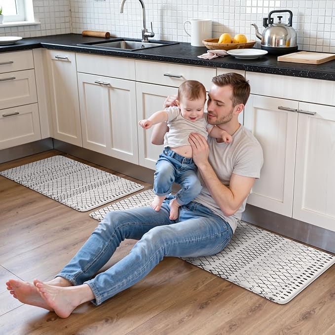 KIMODE Kitchen Mats 2PCS,Cushioned Anti Fatigue Kitchen Rugs and Mats,Non Skid Waterproof Kitchen Mats for Floor,Comfort Foam Standing Mat for Home Decor, Office,Sink,Laundry Room,Desk,Black and White