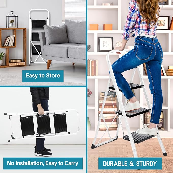 ZENY 3 Step Ladder Folding Step Stool with Wide Anti-Slip Pedal, Convenient Handgrip, Portable Steel Step Stool, 300 lbs Sturdy Steel Ladder for Household and Office, White