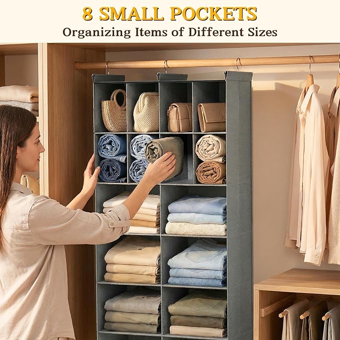Ofiray-home 6 Tier Hanging Closet Organizer, 16 Compartments Sweater Organizer for Closet with 3 Sturdy Hooks, Closet Organizers and Storage, Wardrobe, Rv, Garment Rack, Grey