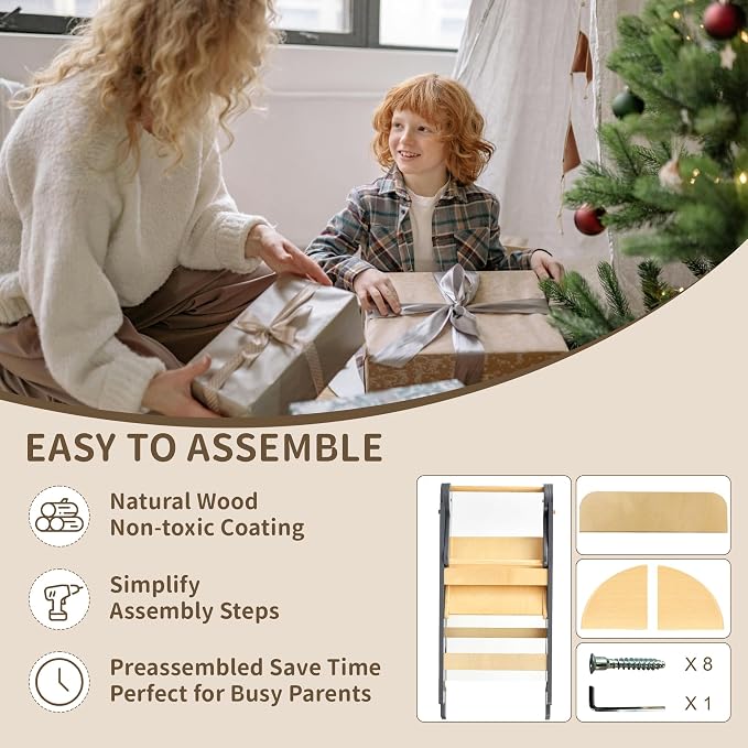 Foldable Toddler Tower Preassembled Kitchen Stool, Folding Tower for Learning with 3 Adjustable Heights Montessori Toddler Standing Tower for Kids Collapsible Wooden Step Stool, Light Gray