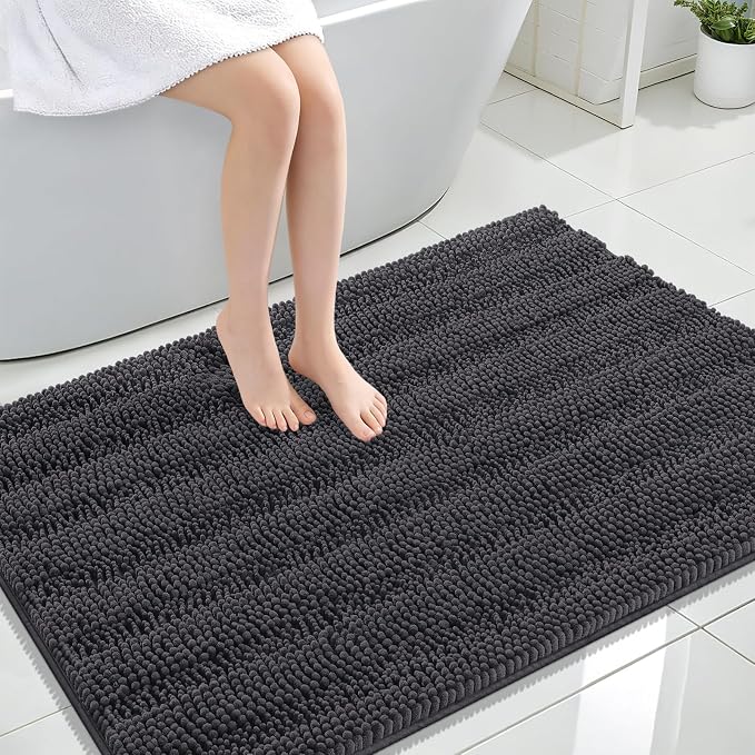 OLANLY Thick Large Bathroom Rugs 44x32, Extra Soft Absorbent Chenille Striped Bath Rugs, Rubber Backing, Machine Wash, Bath Mats for Bathroom Floor, Tub and Shower, Home Decor Accessories, Dark Grey