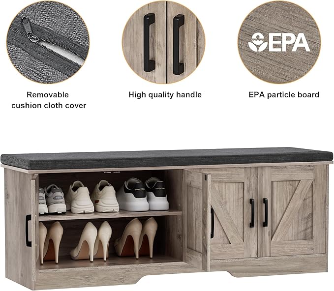 HOMSHO 2-Tier Storage Bench, 47.2" Wide Shoe Bench with Padded Seat Cushion, Entryway Bench with 4 Barn Doors and Adjustable Shelf, Greige