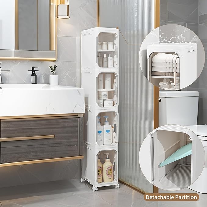 LXLXXL 4-Tier Narrow Storage Cabinet Slim Bathroom Storage Cabinet with Movable Wheels Tall Bathroom Organizer Skinny Cabinet for Small Spaces，White