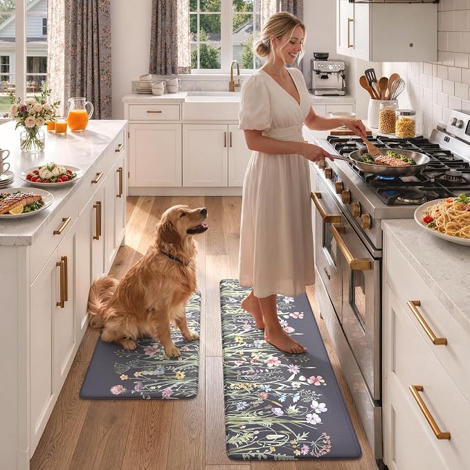KIMODE Anti Fatigue Kitchen Mat, Farmhouse Floral Kitchen Rugs, Kitchen Floor Mats Non-Slip,Comfort Kitchen Mats for Floor Sink, Laundry, Office, Desk Dark Grey/Purple 17"x47"+17"x29"