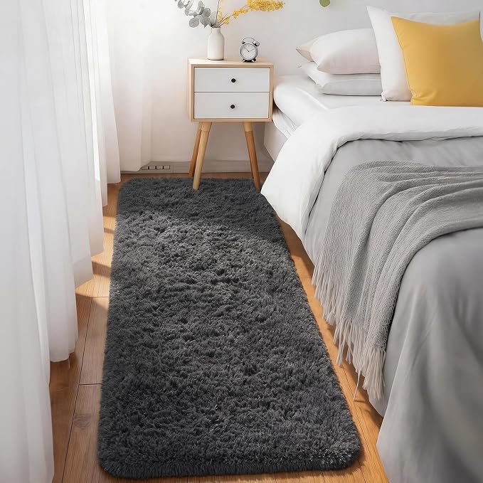Ophanie Runner Rug for Hallway, 3x6 Washable Non-Slip Fluffy Soft Bedside Rugs, Bedroom Living Room Shaggy Carpet for Kids Girls Boys Dorm Nursery Home Decor Aesthetic, Grey