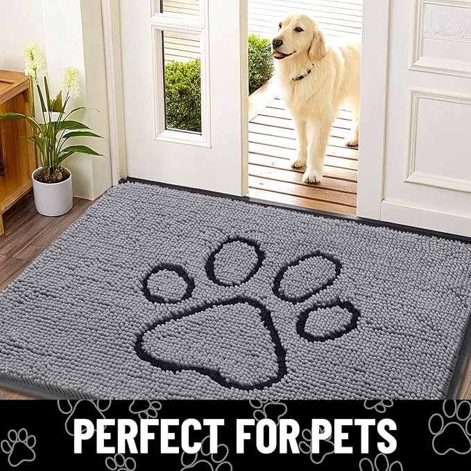 Smiry Dog Door Mat for Muddy Paws, Absorbent Dirt Trapper Non Slip Quick Dry Washable Chenille Mat for Mud Dogs, Entry Rug for Indoor and Outdoor (54x32 Inches, Grey and Black)