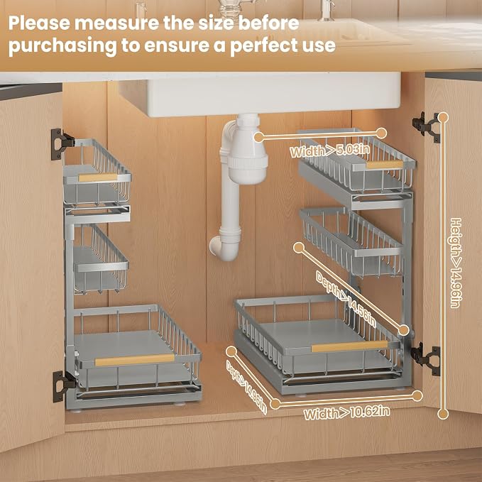 Under Sink Organizer and Storage for Bathroom and Kitchen - 2 Pack 3 Tier Under Cabinet Pull Out Shelf Organizers - Slide Out Drawer Organization for Home Cabinets Shelves and Drawers