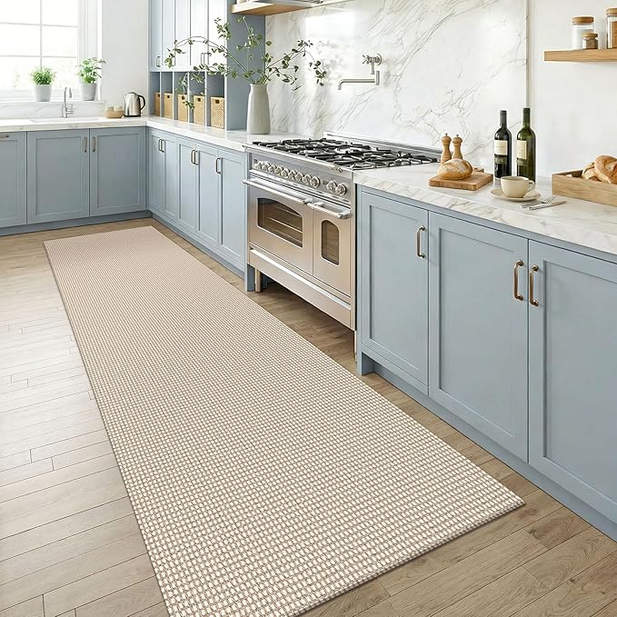 KOZYFLY Runners for Hallways 3x8 ft Washable Kitchen Runner Non Slip Rubber Backed Hall Runners Cotton Entryway Runner Rugs for Indoor Backdoor Bedroom Kitchen, Ivory/Camel/Brown
