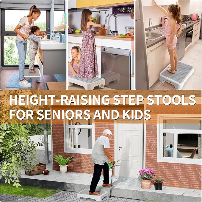 Ronlap One Step Stools for Adults, Portable Safety Step Platform for Seniors Small Plastic Bedside Step Stool Mobility Wide Step Stools Elderly Assistance for Shower Bed Car Stair Outdoor, White-Gray