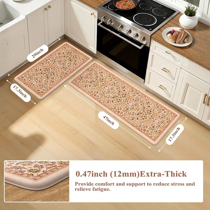 Collive Fall Orange Floral Kitchen Mats, Cushioned Anti Fatigue Kitchens Rugs Set of 2 Non Slip Desk Mats, Waterproof Sink Mat Comfort Standing Rug for Home Office Decoration