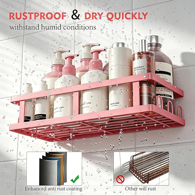 Youvip 6 Pack Shower Caddy, Adhesive Shower Shelves with Soap Holder, No Drilling Rustproof Large Capacity pink bathroom decor accessories, Pink