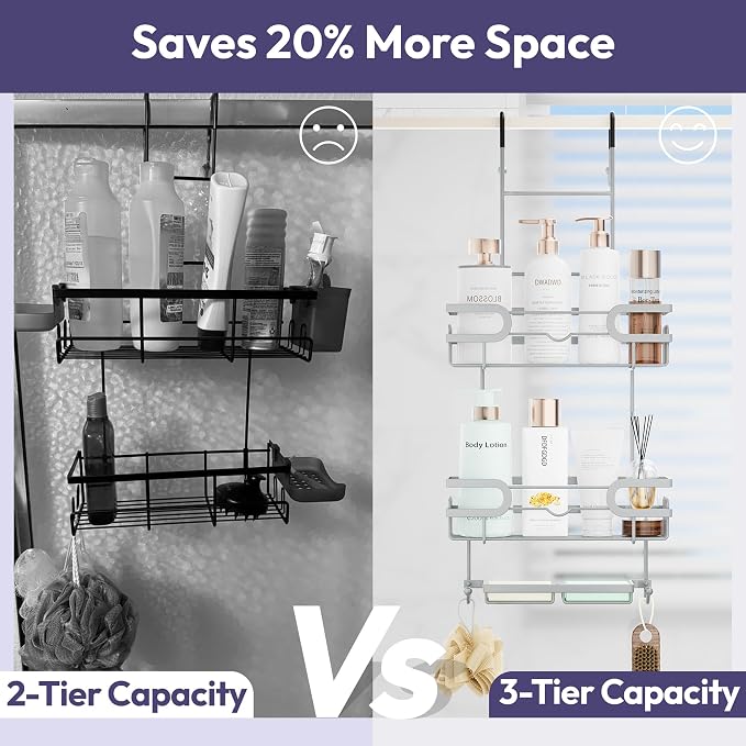 SWTYMIKI Over the Door Shower Caddy Hanging with Double Soap Holder, Hanging Shower Organizer with 16 Hooks, No Drilling Shower Shelves Over Door, Bathroom Rack and Storage, Silver