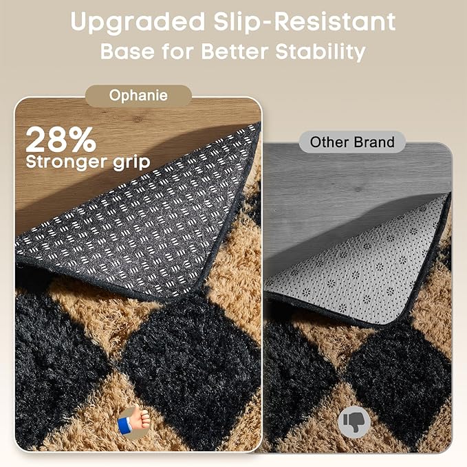 Ophanie 8x10 Black & Beige Diamond Checkered Rugs for Living Room Bedroom, Large Rhombus Fluffy Soft Fuzzy Area Rugs, Plush Shaggy Bedside Floor Carpet for Kids Baby Teen Dorm Home Decor Aesthetic