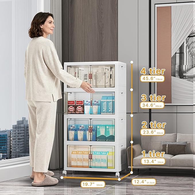 UAMFURI Stackable Storage Bins with Lids, 416QT Closet Organizers and Storage with Doors and Wheels, Extra Large Storage Cabinet, Collapsible Plastic Drawers for Bedroom Dorm Office Garage