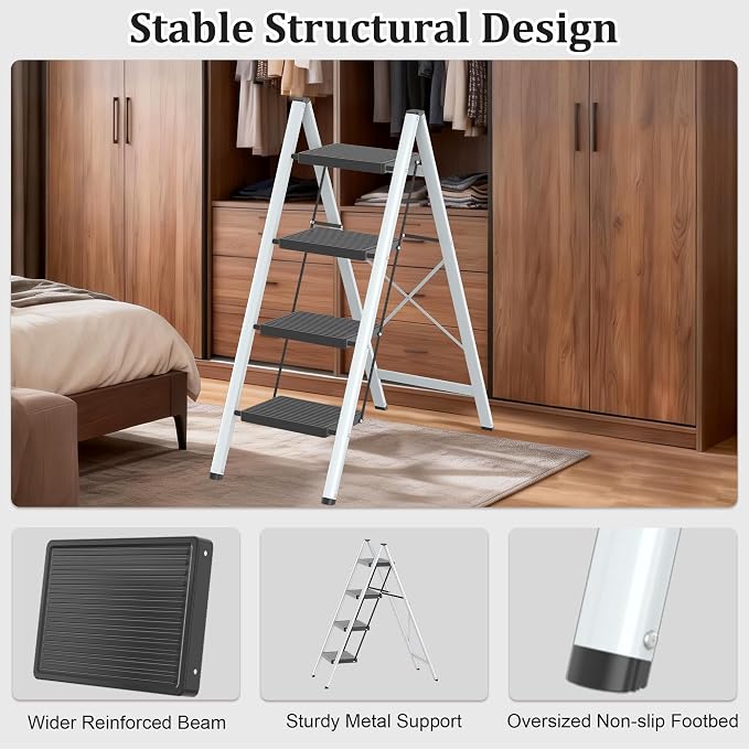 DIAMONDFORGE 4 Step Ladder, Lightweight Folding Step with Wide Anti-Slip Pedal & Feet, 330 lbs Capacity,Sturdy Steel Step Ladder for Home,Office and Library,Gray Black