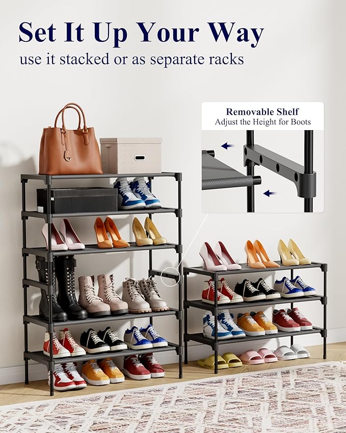 Kitsure Shoe Rack - Non-Woven Shoe Rack Shelf, Shoe Organizer for Closet, Entryway, Garage & Corridor, Stackable Shoe Shelves, 27.5" Wide - 3 Tier, Black