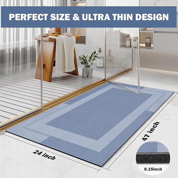 YDKGL Non Slip Long Bath Mat Bathroom Runner, Rubber Backing Ultra Thin Bathroom Rugs Fit Under Door Quick Dry Super Absorbent Washable Bath Rug Shower Mat for Bathtub Sink Floor, Blue 24"x48"