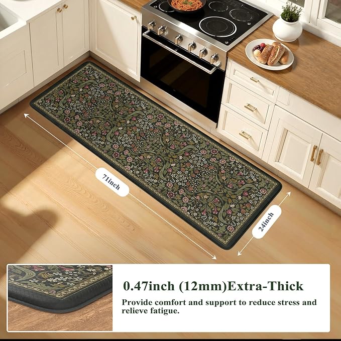 Collive Kitchen Mats for Floor, Cushioned Anti Fatigue Mat Green Floral Rugs Non Skid Waterproof Sink Rug, Memory Foam Comfort Standing Mat for Office, Laundry, Desk, 24''x71''